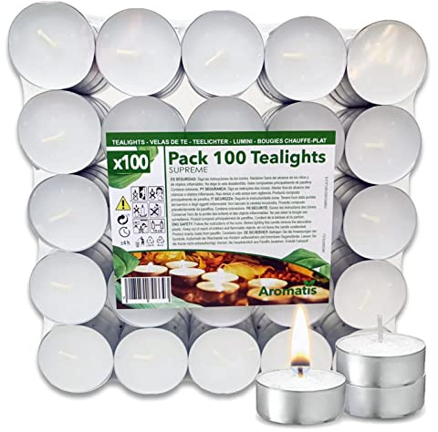 AROMATIS - 100 x Velas de Té Blancas Individuales Sin Fragancia - Candelitas sin Olor 39 mm Diámetro - Duración Aprox 4 h - Ideal Calientaplatos, Decoración, Ambientación, Quemador Esencias
