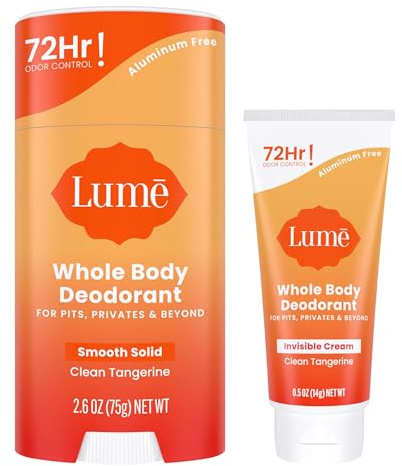 Lume Whole Body Deodorant - Invisible Cream Tube Mini + Solid Stick Bundle - 72 Hour Odor Control - Aluminum & Baking Soda Free, Skin Loving (Clean Tangerine)