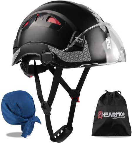 HEARMOR Casque de Chantier avec visière, en 397 - Casque de Travail ventilé pour Adulte - Système à cliquet réglable - Visière Transparente - Noir