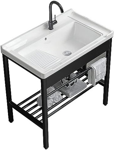 Évier Utilitaire en céramique Blanche, cuve Simple autoportante, évier d'extérieur en Acier Inoxydable, lavabo de Camping, lavabo avec Robinet et Planche à Laver pour buanderie, garages,