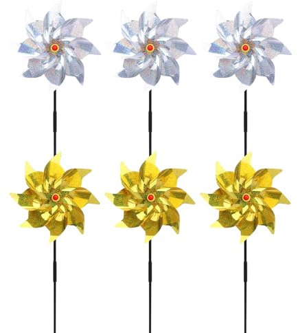 LEMONSTONE 6 Stück Windrad Vogelabwehr, Reflektierende Windräder, Windmühle Garten Balkon, Taubenabwehr Windrad, Windrad Kinder für Balkon, Garten, Obstgarten, Hof, Dach, Gelb+Silber