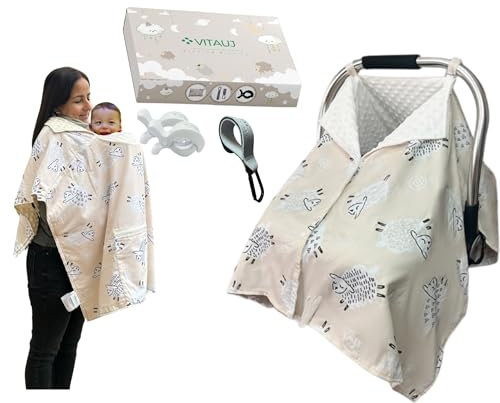 VITAUJ Parasol Carrito Bebé 4 en 1 – Manta Reversible Algodón y Minky – Protección Solar, Viento, Lluvia y Mosquitos – Pañuelo de Lactancia, Cochecito – Incluye Clips y Gancho