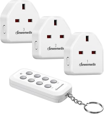 DEWENWILS Remote Control Plug Socket, Programmable & Expandable Wireless Light Switch, 13A/3120W, 30M Long Range, Remote Plug for Vacs, Lamp, 1 Remote 3 Sockets
