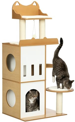 PawHut Árbol Rascador para Gatos 133 cm Torre Con Cuevas Plataformas Bola Colgante y Postes de Sisal 60x48x133 cm Roble