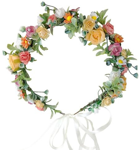 MUNSKT 1 Piezas Corona de Flores Diadema,Guirnalda de Flores para Bodas,Corona Cinta el Cabello de para Mujeres y Niñas Diadema Boho Fiestas Bodas Playa Viaje