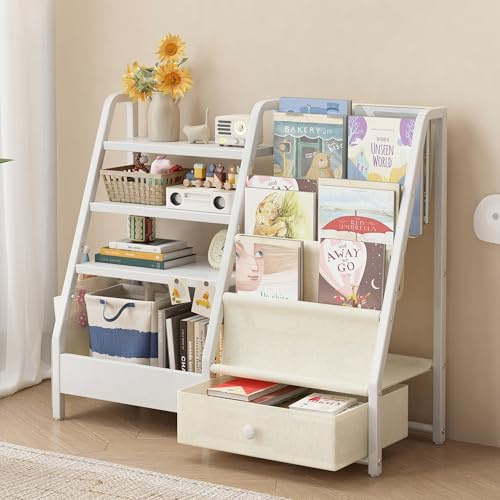 Ornestia Kids Bookshelf and Toy Storage, 3-Tier Sling Toddler Book Shelf with Fabric Drawers, Toy Organizer for Playroom, Montessori Bookcase for Kids Rooms, Nursery, Bedroom(White)