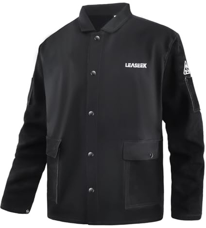 LeaSeek Schweißerjacke - Flammhemmende (FR) Baumwoll Arbeitsjacke mit Ledermanschetten,Schweißermantel für Damen und Herren
