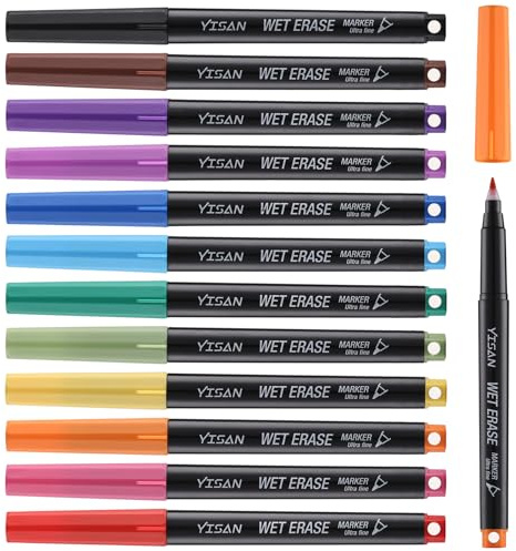 YISAN Pennarelli cancellabili a umido, punta ultra fine, 0,7 mm, punta extra fine, 12 colori assortiti, pennarelli per lavagna bianca per ufficio, casa o pianificazione lavagna cancellabile a secco
