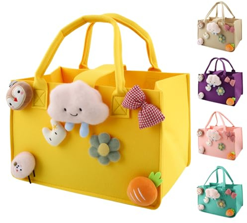 Shoppingkorg barn, Dwafill 30 x 20 x 18 cm filtväska liten färgglad, liten filtväska med handtag, korgväska barn, leksaksväska pojke, som presentpåse för helgdagar (gul, M)