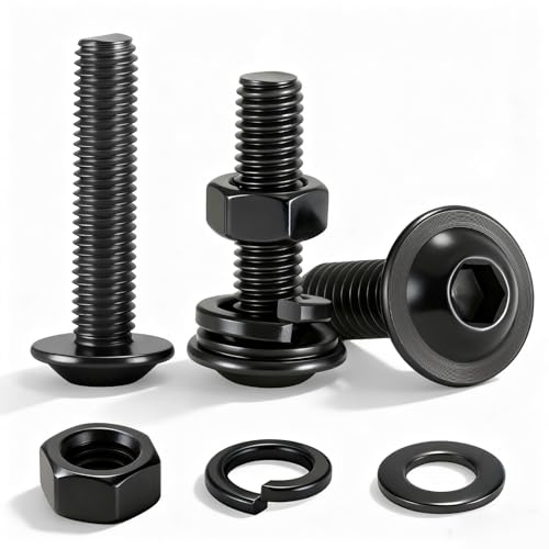 20 pcs Flanged Button Head Socket Cap Bolts M8 x 25mm Black Stainless Steel Dome Head Socket Cap Bolts with Nuts, Flat & Lock Washers - 304 Stainless Steel Allen Bolts Kit for Furniture, Bed Frame