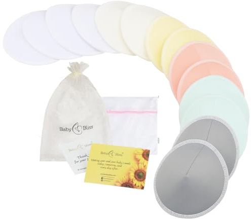 Organic Nursing Pads - 14 Washable Viscose Derived from Bamboo Breastfeeding Pads, Reusable Breast Pads for Breastfeeding, Nipple Pads with Wash Bag (3-Layers, Pastel Touch, 3.9)