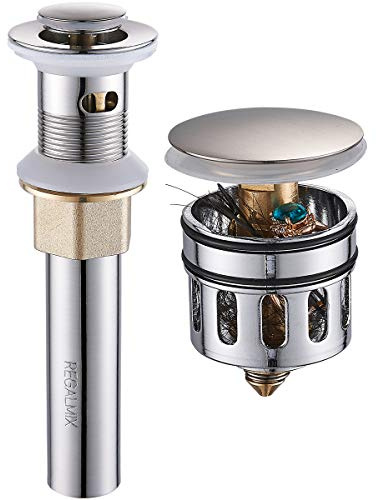 REGALMIX Vessel Sink Drain, Bathroom Faucet Vessel Sink Pop Up Drain Stopper, Built-In Anti-Clogging Strainer, Brushed Nickel with Overflow,Fits Standard American Drain Hole(1-1/2 to 1-3/4) R086J-BN