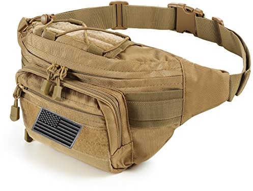 FRTKK Tactical Fanny Pack Military Waist Bag Pack with USA Flag Patch Utility Hip Pack with Adjustable Strap for Outdoors Fishing Cycling Camping Hiking Dog Walking (Tan 2)