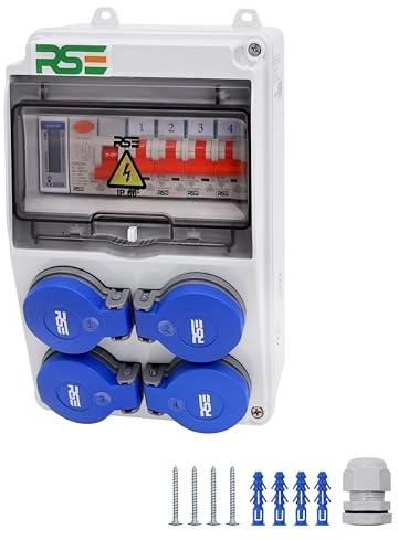 RSE 230 V 230 V byggströmsavdelare väggavdelare med uttag med räknare, IP65 6 4 x 230 V med LS + FI + räknare
