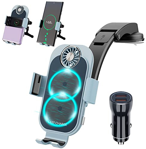 Olycism 15W Qi Fast Wireless Charger Auto Handyhalterung Mit Ladefunktion Doppelspule Automatischer Induktion Kabellose Kfz-Ladegeräte Lüftung für Samsung Galaxy Z Flip 5/4/3/2 i-Phone Huawei Grau