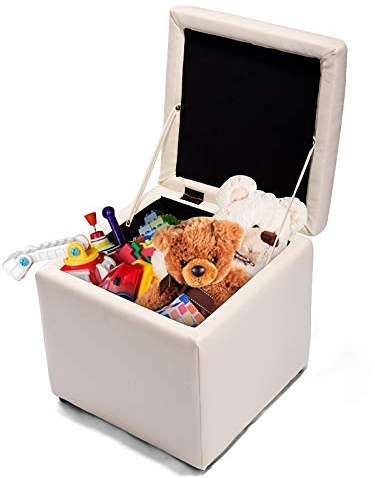 LIFEZEAL Taburete Almacenaje, 40x40x40CM, Puff Taburete de Cuero, Asiento Cubo, Otomano Cuadrado con Funda, Banco con Tapa (Blanco')