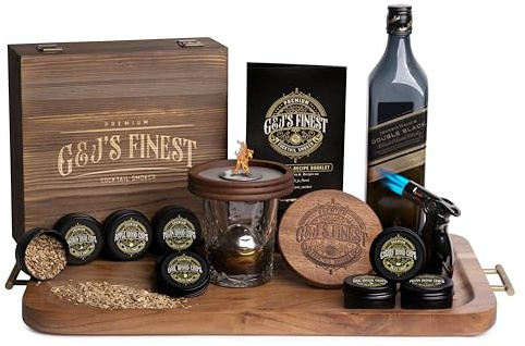 Kit de ahumador de whisky, kit de ahumador de cóctel, kit de ahumador de bourbon, kit de ahumador antiguo con linterna de llama cuádruple, 6 chips de madera y caja de madera para fumar bebidas, regalo