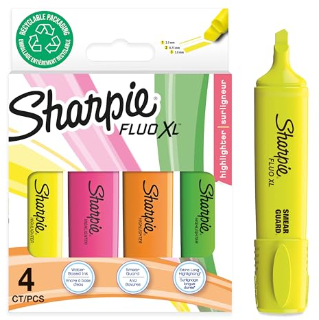 SHARPIE Fluo XL Textmarker | Keilspitze | verschiedene leuchtende fluoreszierende Farben | 4 Stück Textmarker Set