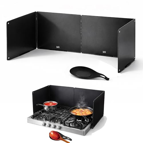 Foldable, Easy-Clean, Grease Splatter Guard for Stove Top by Baetleâ Heavy-Duty Stainless Steel Oil Splash Shield, Premium Black Style, 29.5 Wide Back Panel, 13.6 Deepâwith Spoon Rest