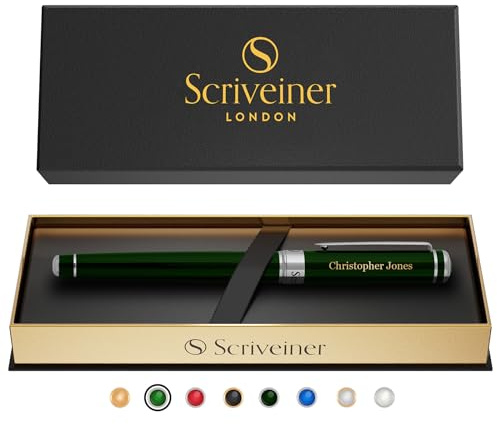 Scriveiner Personalized British Racing Green Rollerball Pen - Stunning Green Lacquer Luxury Pen with Chrome Finish, Schmidt Ink Refill, Engraved Roller Ball Gift Set for Men & Women, Custom Engraving