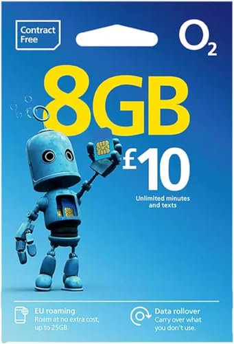 O2 PAY AS YOU GO SIM CARD WITH £10 BUNDLE - 8 GB AND UNLIMITED CALLS AND TEXTS - ROAM IN EUROPE