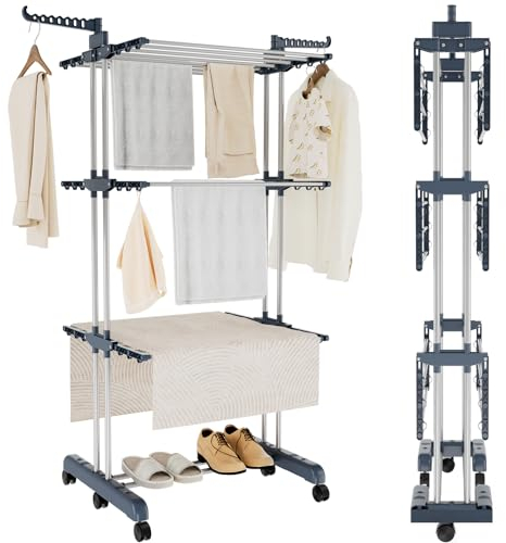 YORKING Upgrade 4 Tier Clothes Drying Rack, Indoor Folding Clothes Airer 18M Drying Space Laundry Rack Hanger With 6 Casters, Large Clothes Dryer Folds Flat For Easy Storage