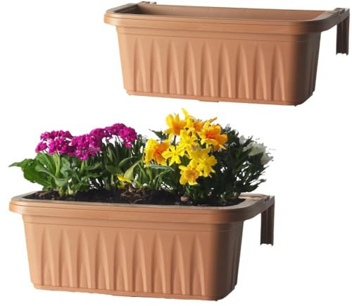 GarPet 2X Blumenkasten Balkongeländer Balkon Blumenkasten Balkonkasten mit Halterung Balkonkasten Geländerkasten Balkonkasten mit Wasserspeicher 50 cm Terrakotta