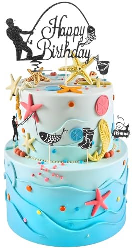 JIYIN Paquete de 6 adornos para tartas de pesca, divertidas decoraciones para tartas de cumpleaños, decoración de pastel de cumpleaños, suministros de fiesta de boda, decoración de pastel de pesca al