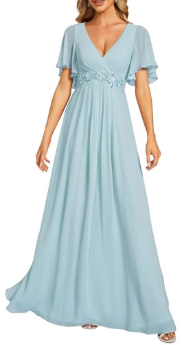 Ever-Pretty Women's Maxi Chiffon V Neck Short Sleeves Appliques Prom Evening Long Dresses Blue 22UK