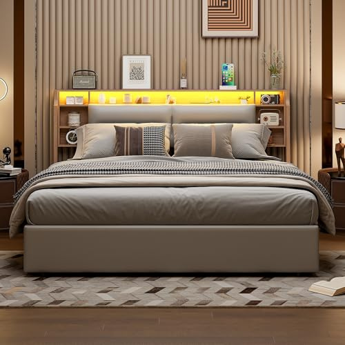 Lit double rembourré, 140 x 200 cm, avec espace de rangement, éclairage LED, tête de lit avec compartiment de rangement et sommier à lattes, cadre de lit hydraulique, lit fonctionnel, pour adolescents