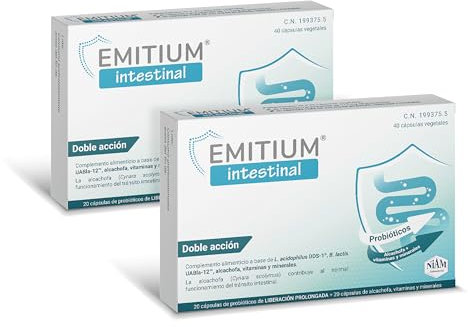 [Pack de 2] Probióticos para Intestino y Colon | Alivio de Diarrea, Gases, SII y Flora Digestiva | Alcachofa, Zinc y Vitaminas | Prebióticos Naturales | 80 Cápsulas | EMITIUM Intestinal