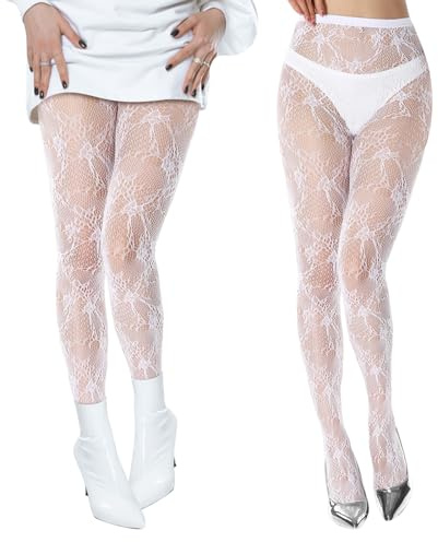 HZHSGLY 2 Pièces Collant Femme en Dentelle Florale Creuse, Blanc Bas Femme Sexy Taille Haute Motif Floral Convient pour les fêtes le Cosplay le port Quotidien et les Festivals