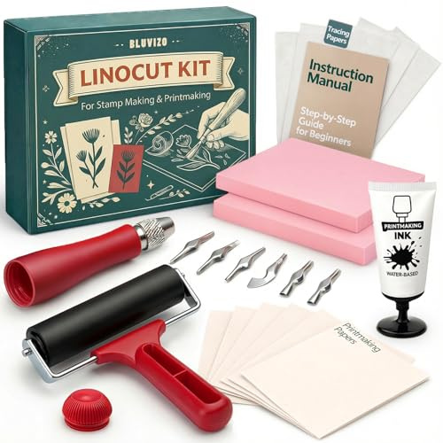 Linocut Kit for Printmaking & Stamp Making: Linocut Tools Block Printing Kit Supplies with Linoleum Blocks, Ink, Brayer, Guide for Beginners - DIY Hobby & Christmas Birthday Gift for Adults & Kids