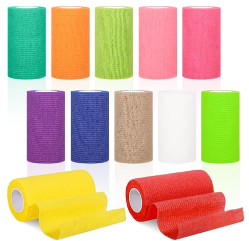 SanRes 12 Rotoli Benda Elastica Autoadesiva, 10 cm x 4,5 m,Benda Elastica Coesiva per Bendaggi Sportivi, Tape Enastro per Parastinchi Calcio
