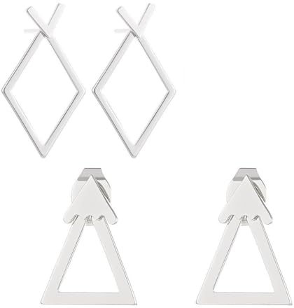 TEOZBLU 2 Pares Pendientes Mujer Plata Retro Oreja Triángulo Chaquetas Pendientes Hueco Doble Capa Cuelgan Frente Espalda Espárragos Pendientes Minimalista Geométrica Rombo Joyería Regalos Mujeres
