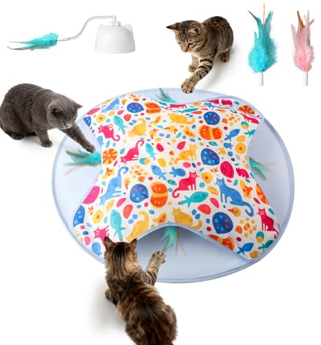 IOKHEIRA Juguete interactivo para gatos auto-entretenimiento para interiores, plumas ocultas, juguete eléctrico para gatos, 2-en-1 automático con modo oculto, juguete para gatitos, juguete de