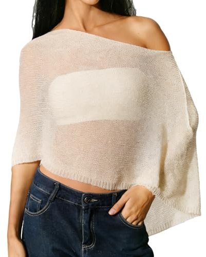 ZUIMEIHQH Sheer Poncho for Women, Poncho Asymmetric Tops Trendy Lightweight Summer One Shoulder Loose Boho Beach Vacation Cape Top Crop (Beige)