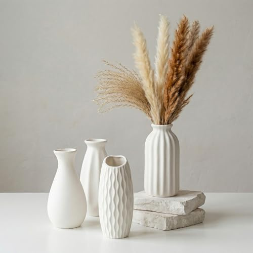XRVRILE Set di vasi in ceramica, piccoli vasi bianchi moderni, set da 4 mini vasi decorativi da tavolo per erba della pampa, fiori secchi, soggiorno, decorazione estetica, minimalista, bianco