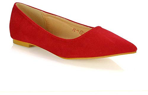 Womens Flat Pointed Toe Shoes Ladies Ballet Faux Suede Slip On Pumps (Red Faux Suede, Numeric_4)