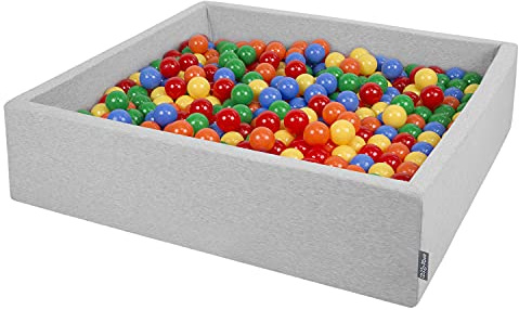KiddyMoon Piscina di Palline 120X30cm/300 Palline Grande Quadrato per Bambini Fabbricato in EU, Grigio Chiaro:Giallo/Verde/Blu/Rosso/Arancione