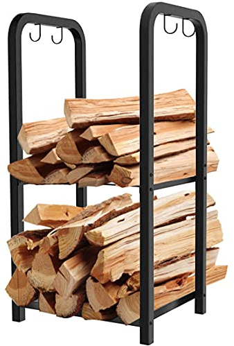 Artibear Small Firewood Rack Holder for Indoor Fireplace, 2-Tier Fire Wood Log Storage Stacker Stand for Outdoor Patio, Black (Without Wheels)