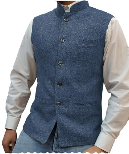 Tuikayoo Mens Herringbone Wool Vests Suit Business Tweed High Collar Waistcoats Slim Fit(X-Large, Light Blue)