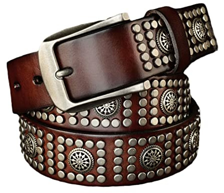 Cinturones con remaches para hombres/mujeres para vestidos, cinturones con tachuelas de cuero de vaca para jeans, elegante cinturón gótico punk rock ancho 38 mm,Café,125cm/waist:42~44