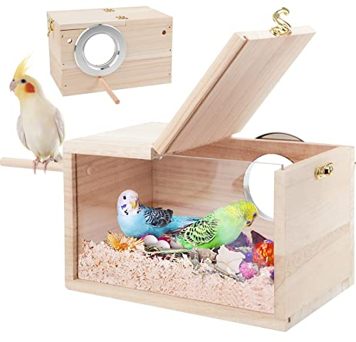 RANYPET Wellensittich Nistkasten Transparentes Design, Vogelnest Brutkasten mit Sitzstange Holz Vogelkäfig Haus für Unzertrennliche Wellensittiche Fink