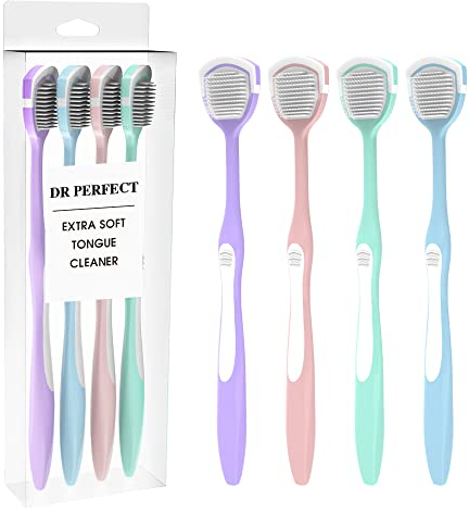 DR PERFECT Lot de 4 grattoirs de langue doux pour lutter contre la mauvaise haleine pour nettoyer votre langue sans blesser (vert, violet, bleu, rose)