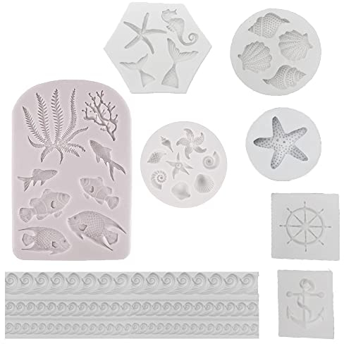 8 Stück Marine Fondant Kuchenform,Silikon Süßigkeiten Form Muschel Seestern Seetang Fisch Muschel Meerjungfrau Schwanz Schokolade Form für Kuchen Dekoration Cupcake Topper Polymer Clay Handwerk machen