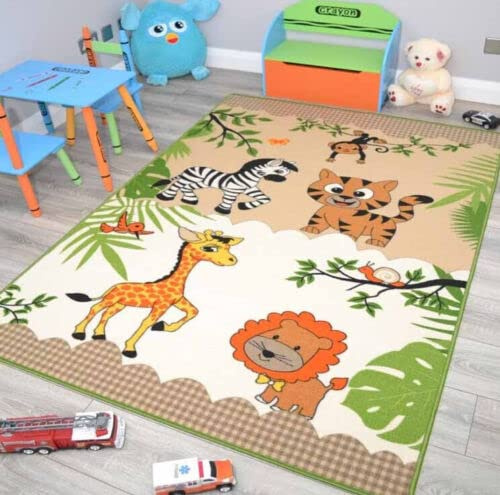 Kids Zoo Animals Dinosaur Rugs Washable Nursery Playroom Bedroom Colourful Childrens Toddler Soft Durable Play Mats (Jungle Animals, 80cm x 120cm)