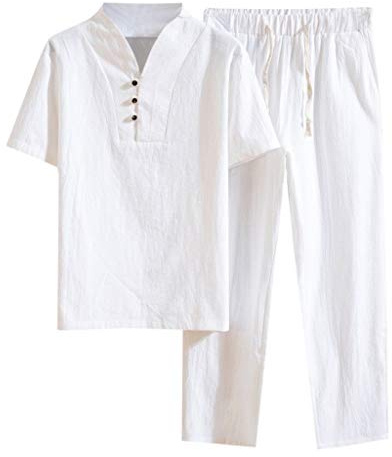 Tuta Sportiva da Uomo in Cotone e Lino per il Tempo Libero - 2 Pezzi Estivi con Camicia e Pantaloni in Tessuto - Completo Primavera Estate
