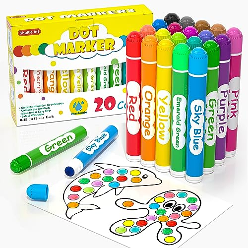 Shuttle Art Bingo Dabber Pens, 20 Colours Dot Markers for Toddlers, Washable Markers for Kids and Preschool Children, Non-Toxic Water-Based Paint Pens for Kids, Early Education Art Supplies