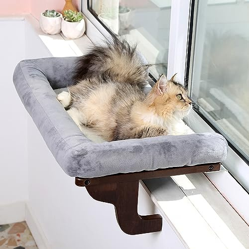 Zakkart Cat Perch for Windowsill with Bolsters (Dark Stained/Gray, L)